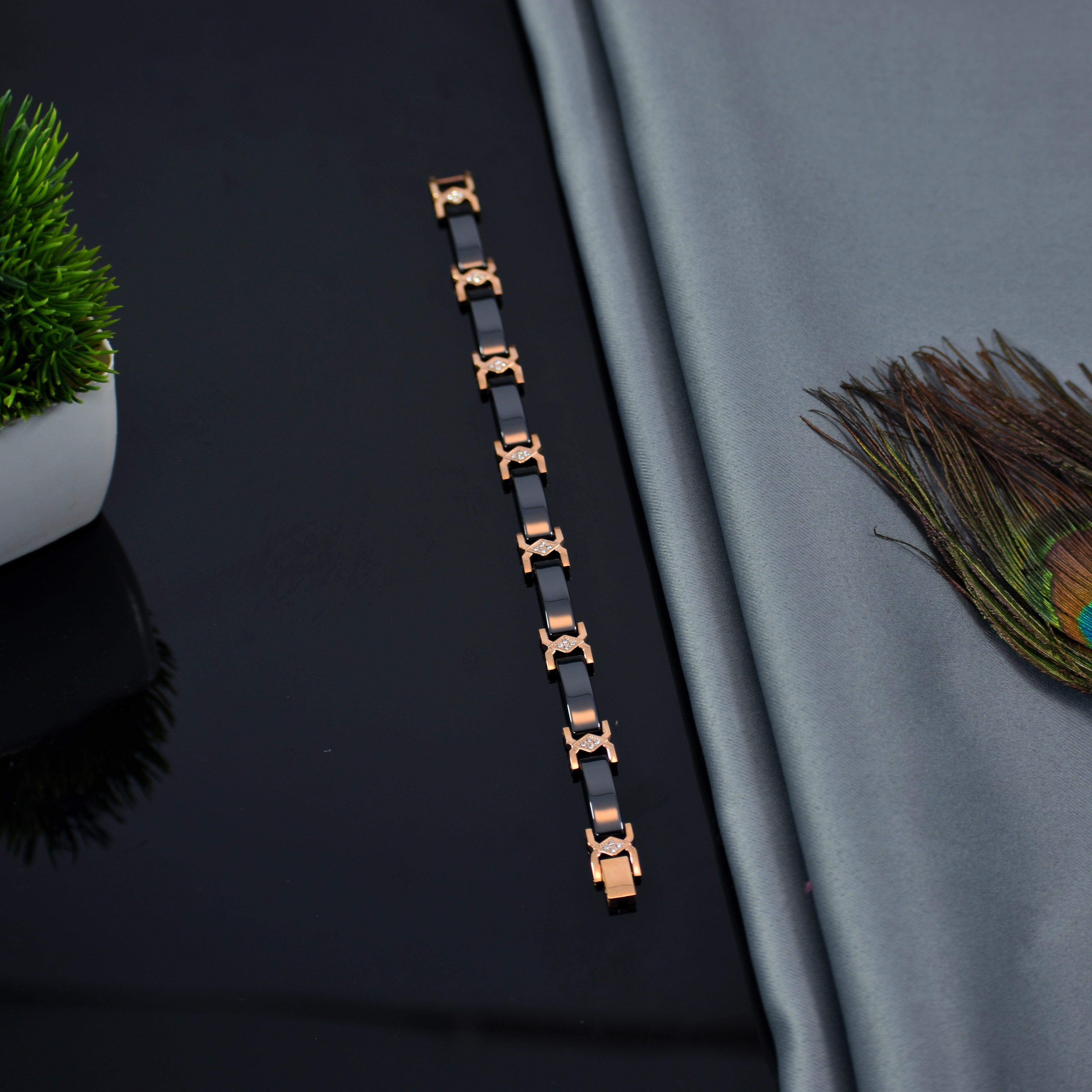 Premium Ceramic & Rose Gold Bracelet | Stone Embedded Slim Design | IGP High Quality | 12 Months Shine