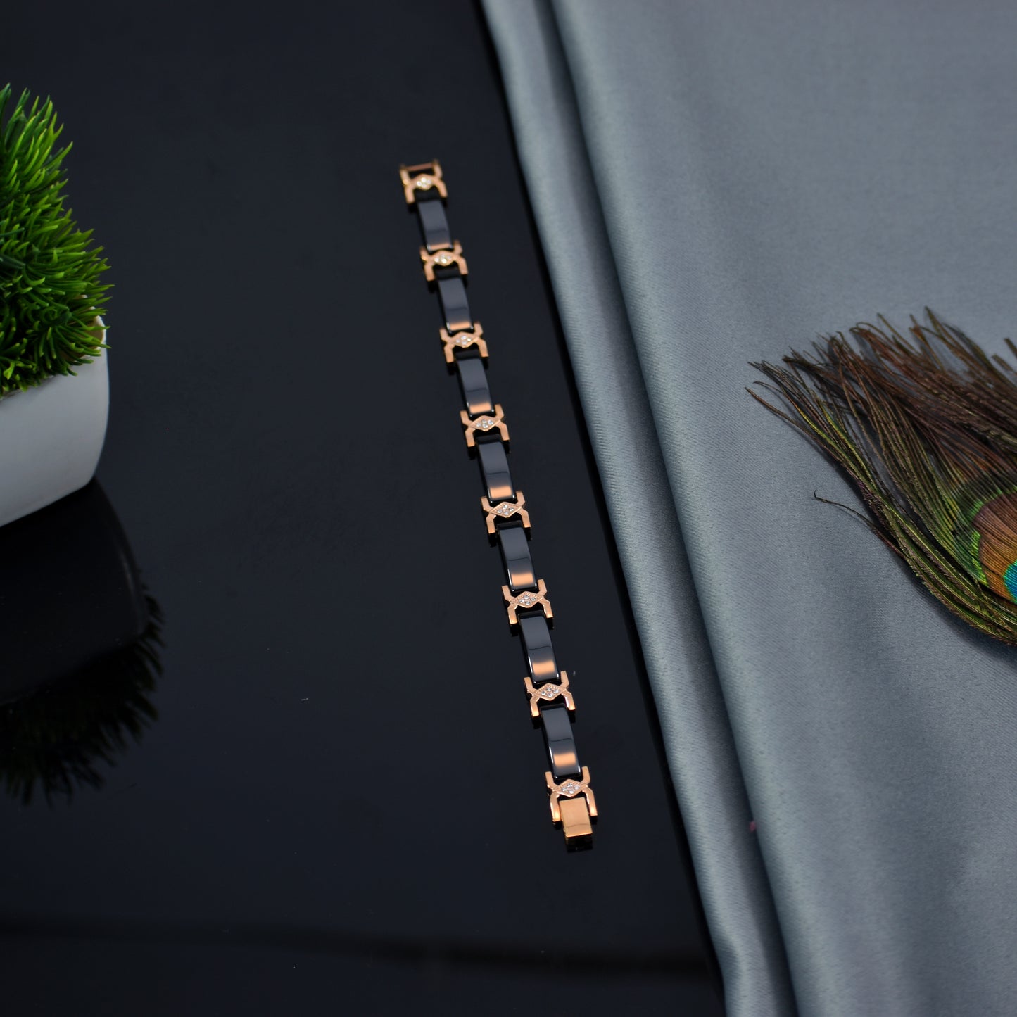 Premium Ceramic & Rose Gold Bracelet | Stone Embedded Slim Design | IGP High Quality | 12 Months Shine