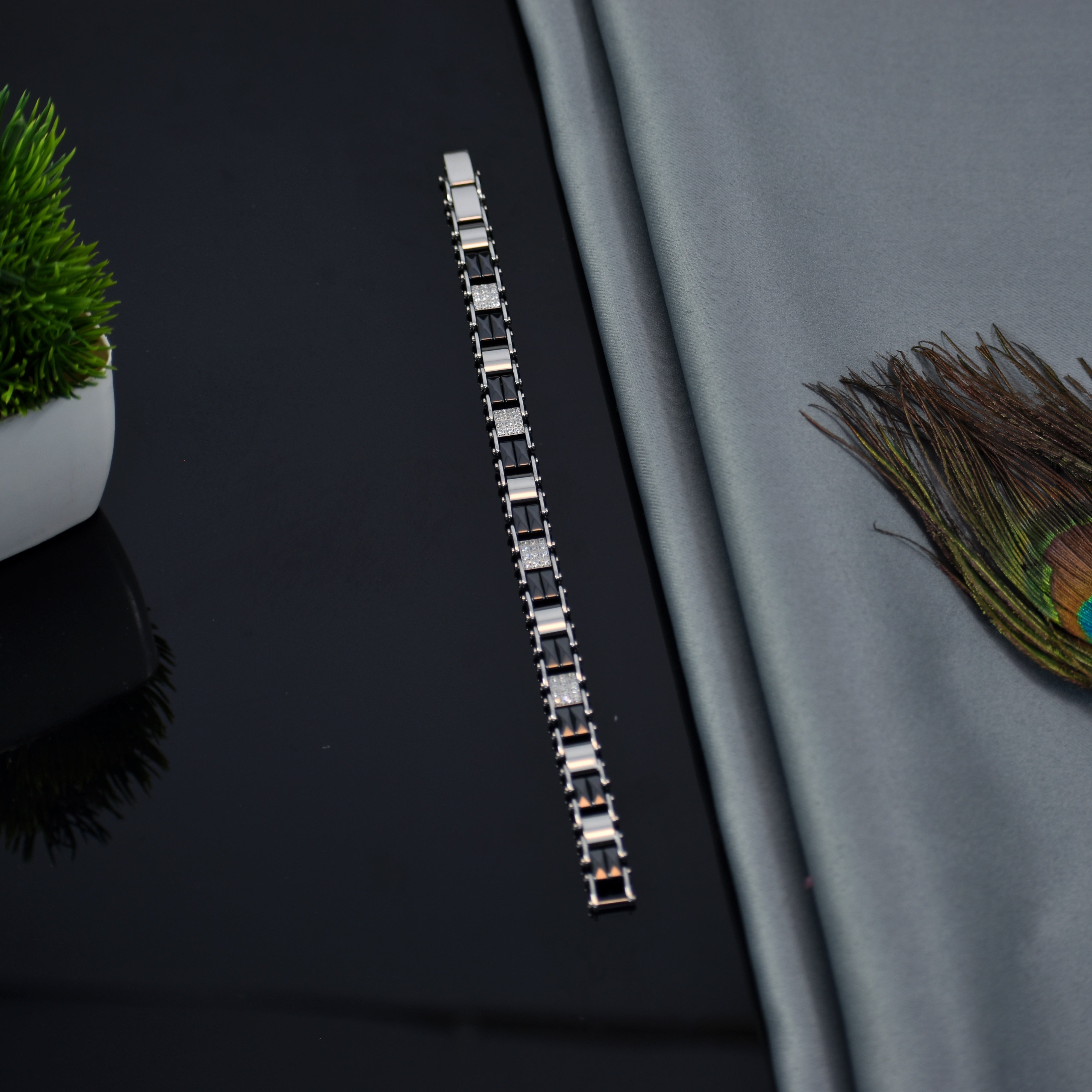 Premium Ceramic & Silver Linked Bracelet | Black + Stone Embedded Design | IGP High Quality | 12 Months Shine