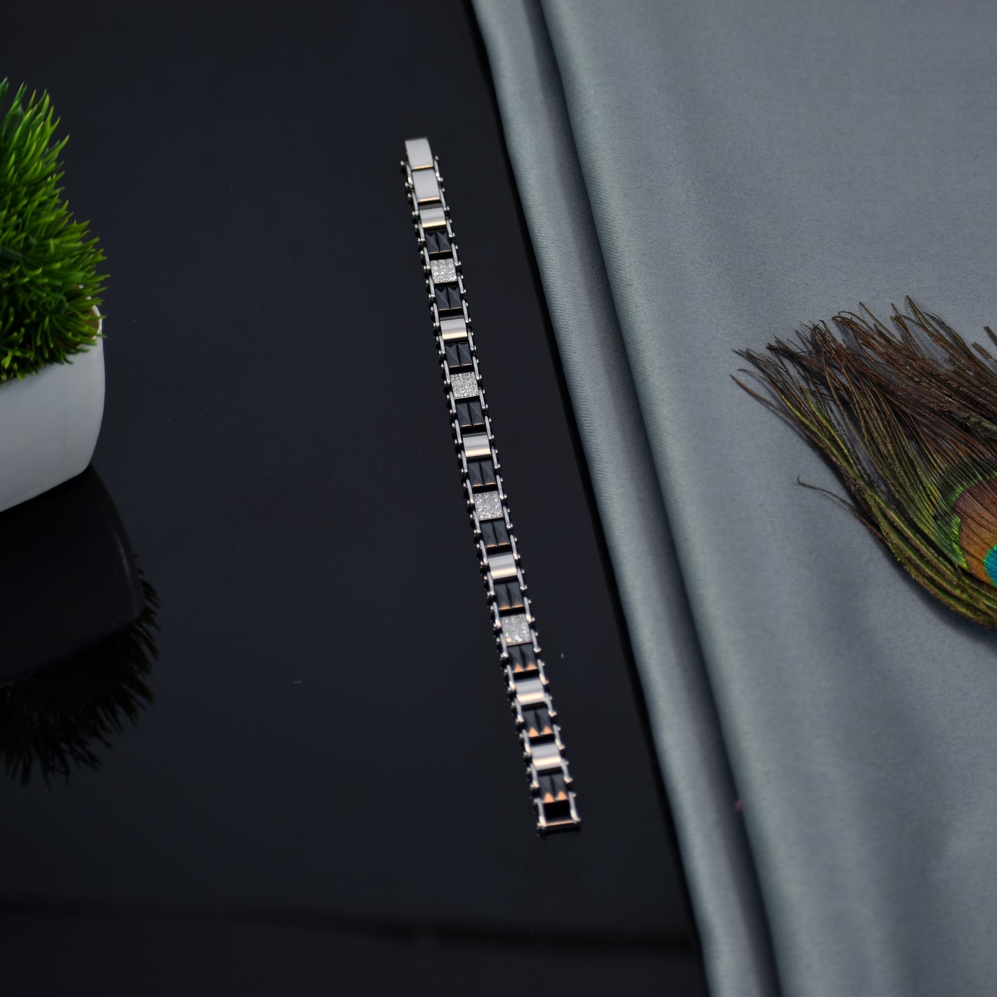 Premium Ceramic & Silver Linked Bracelet | Black + Stone Embedded Design | IGP High Quality | 12 Months Shine