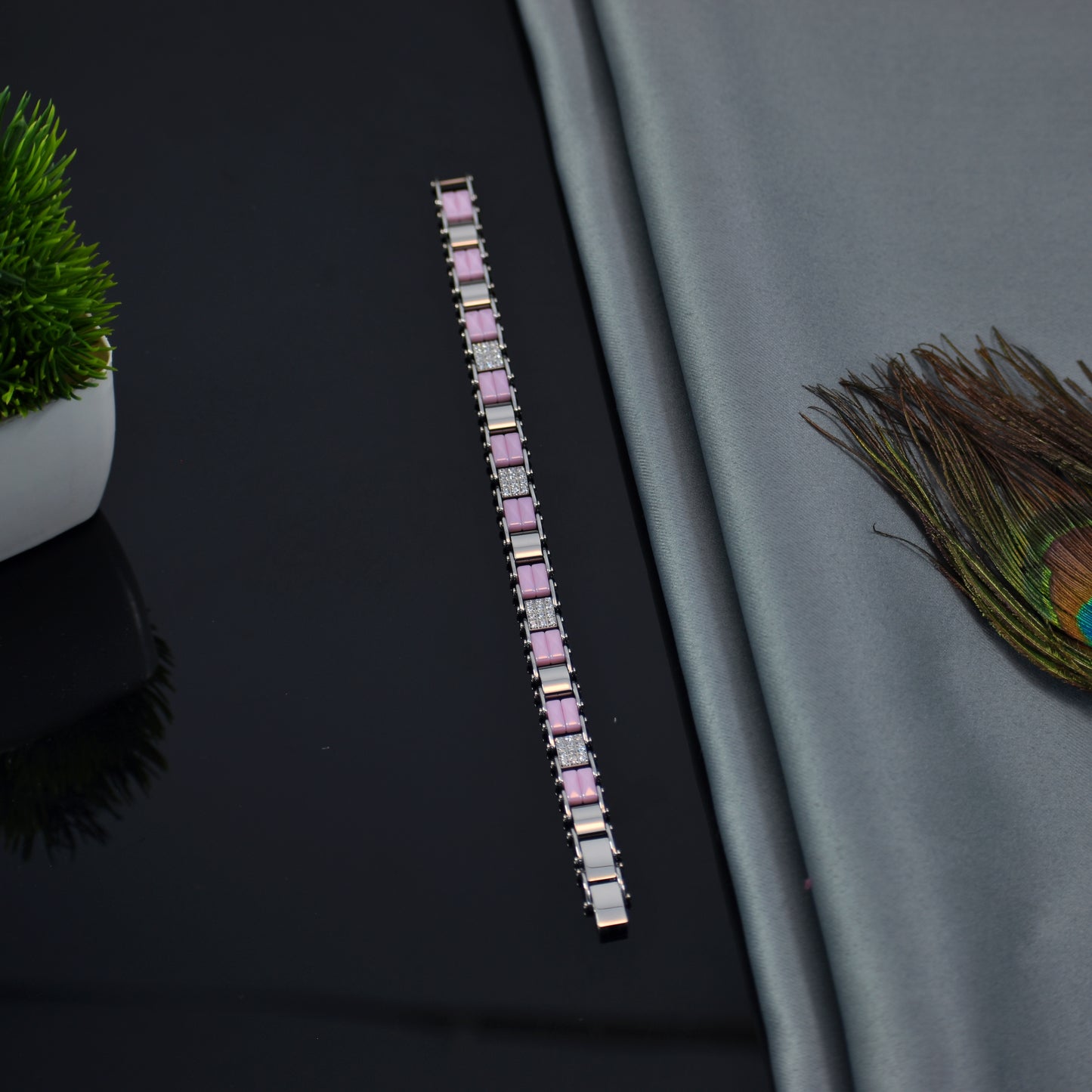 Blush Elegance – Premium Pink Ceramic & Silver Bracelet | Stone Accent | Anti Tarnish