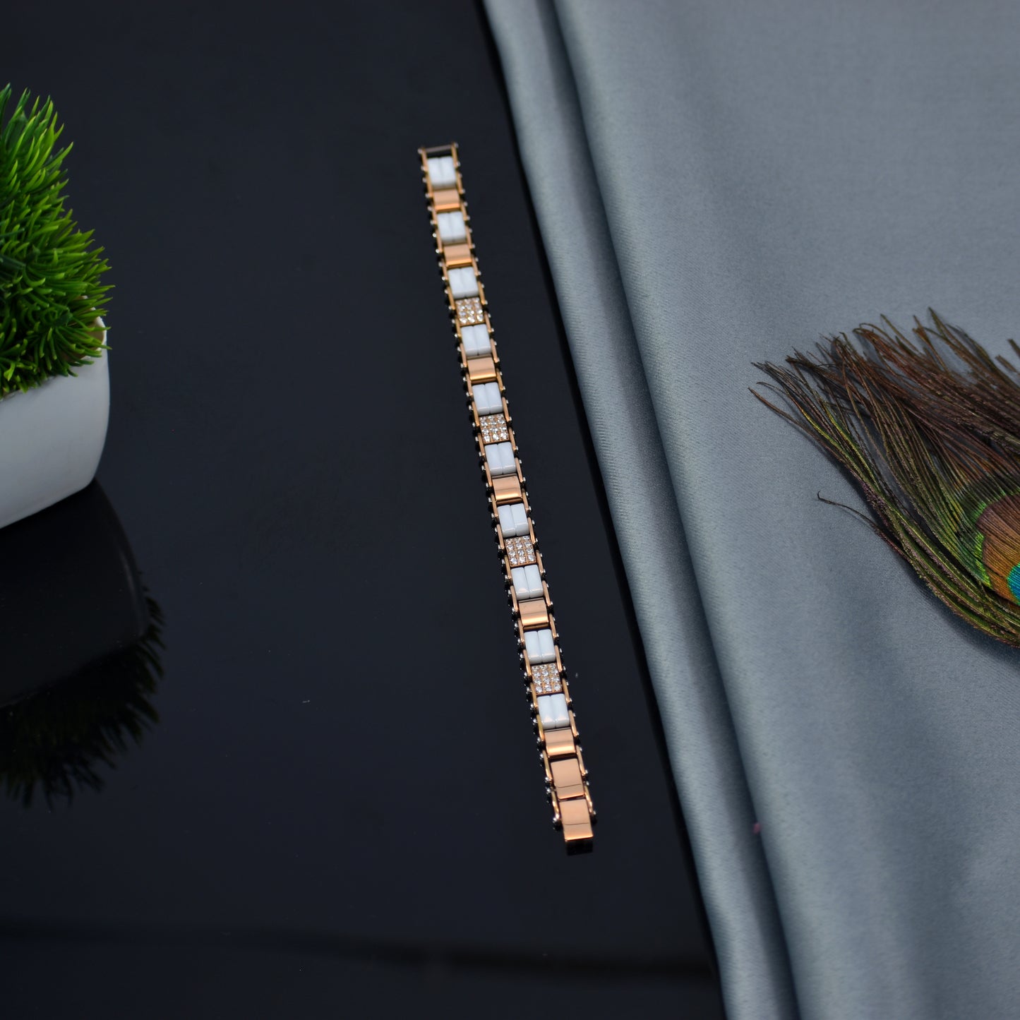 Pearl Rose – White Ceramic & Rose Gold Bracelet | Stone Accent | Anti Tarnish Luxury