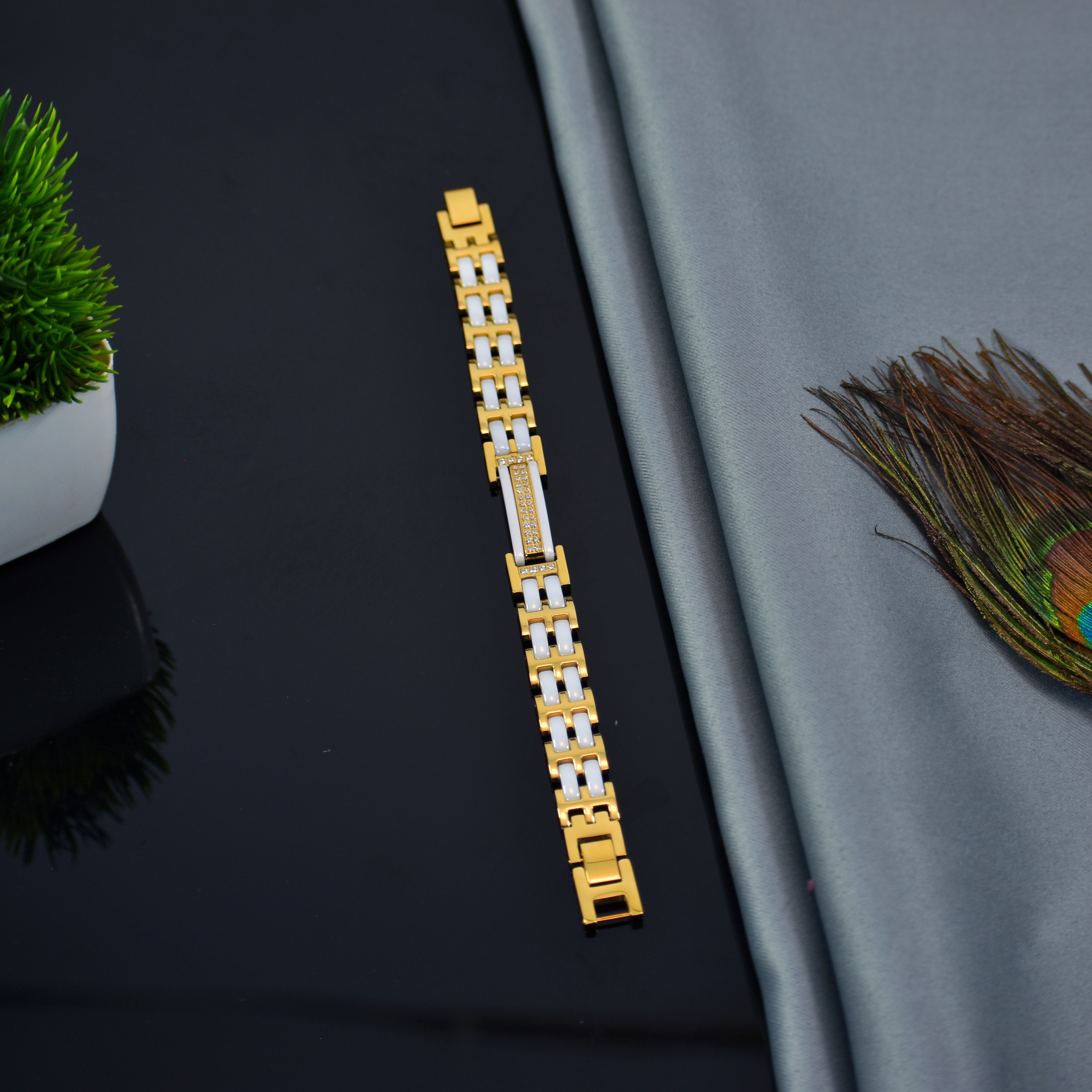 Luxury Golden-White Link Bracelet with Sparkling Stone Detail | Royal Look | Men’s Premium Kada Style