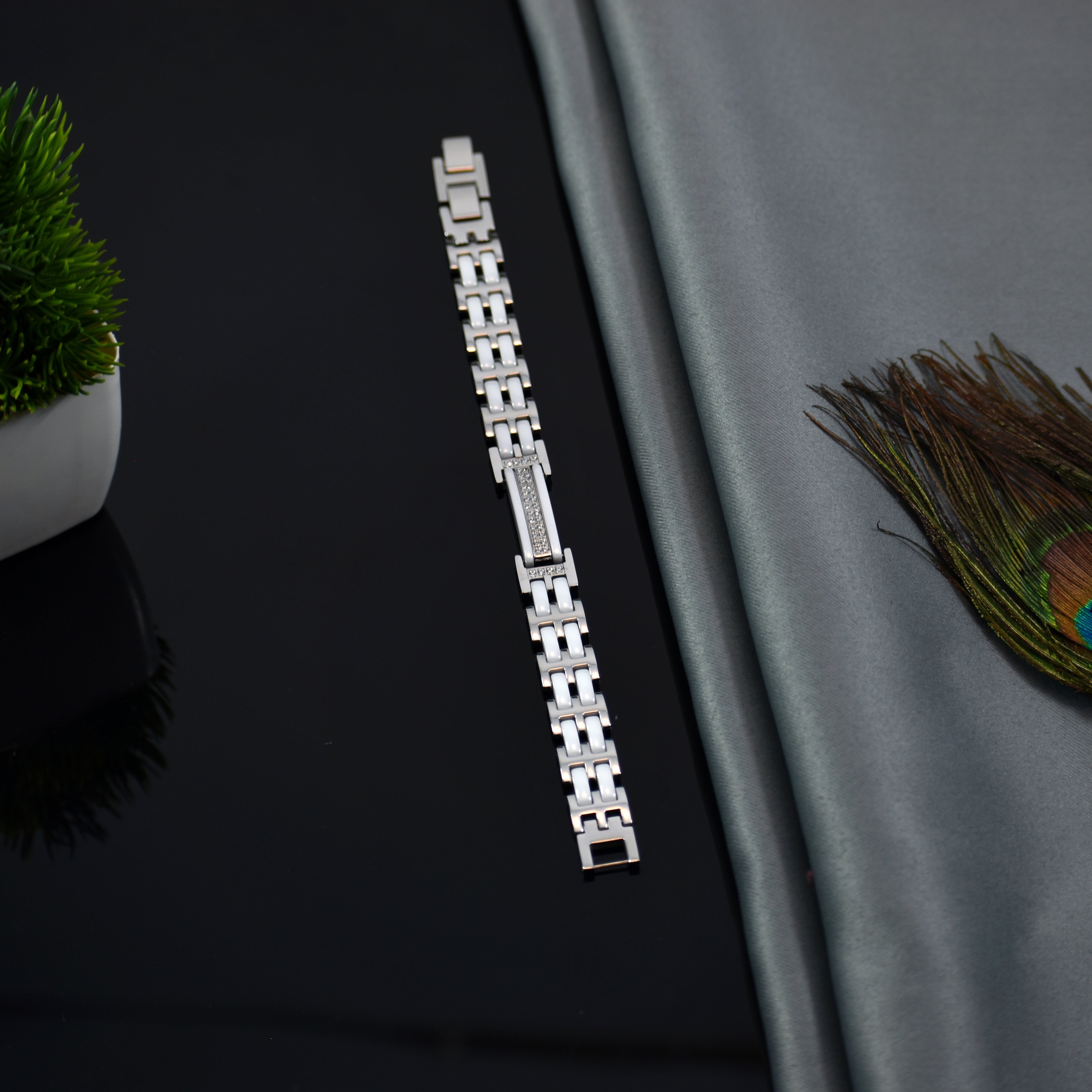 Crystal White – Premium Ceramic & Silver Bracelet | Stone Accent | Anti Tarnish