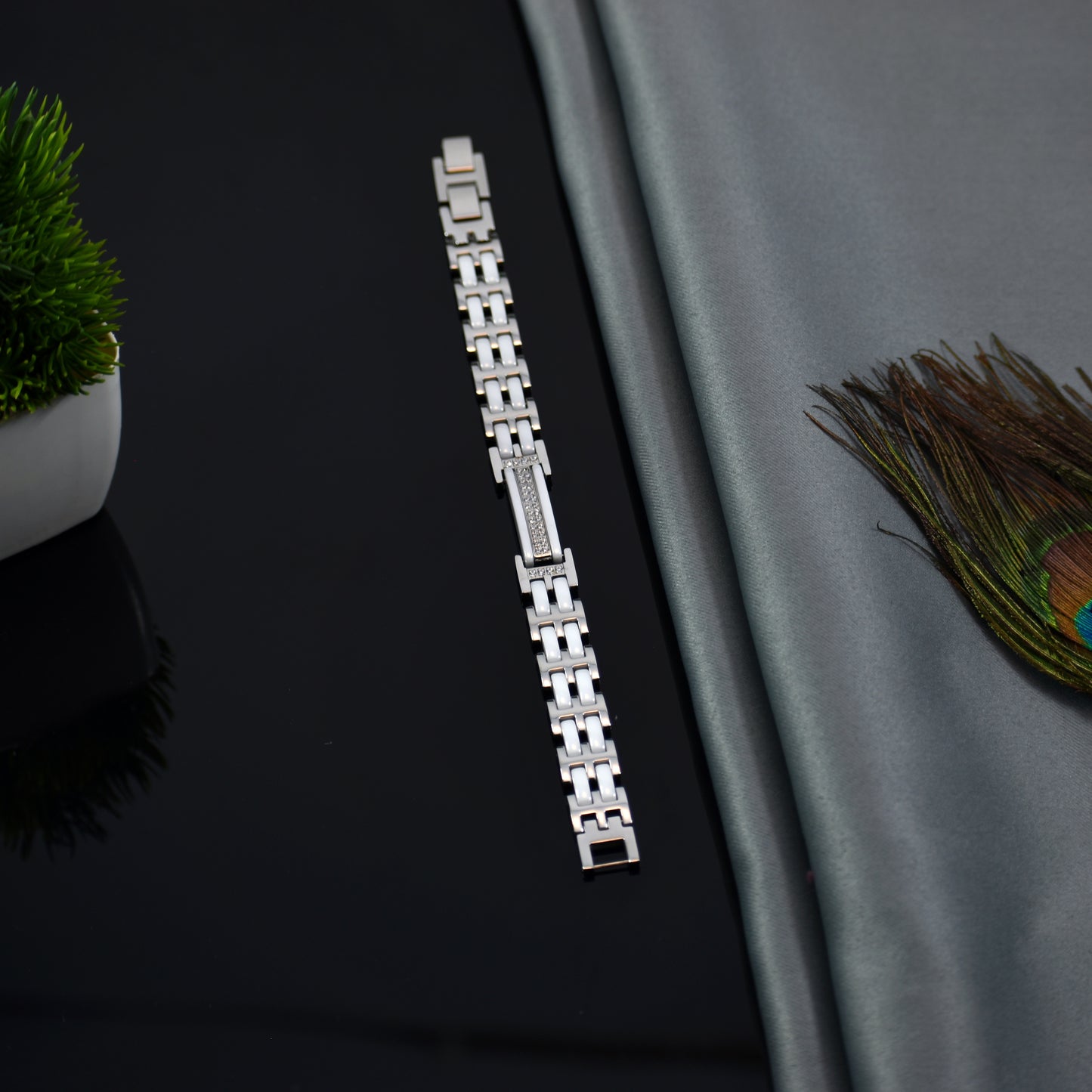 Crystal White – Premium Ceramic & Silver Bracelet | Stone Accent | Anti Tarnish