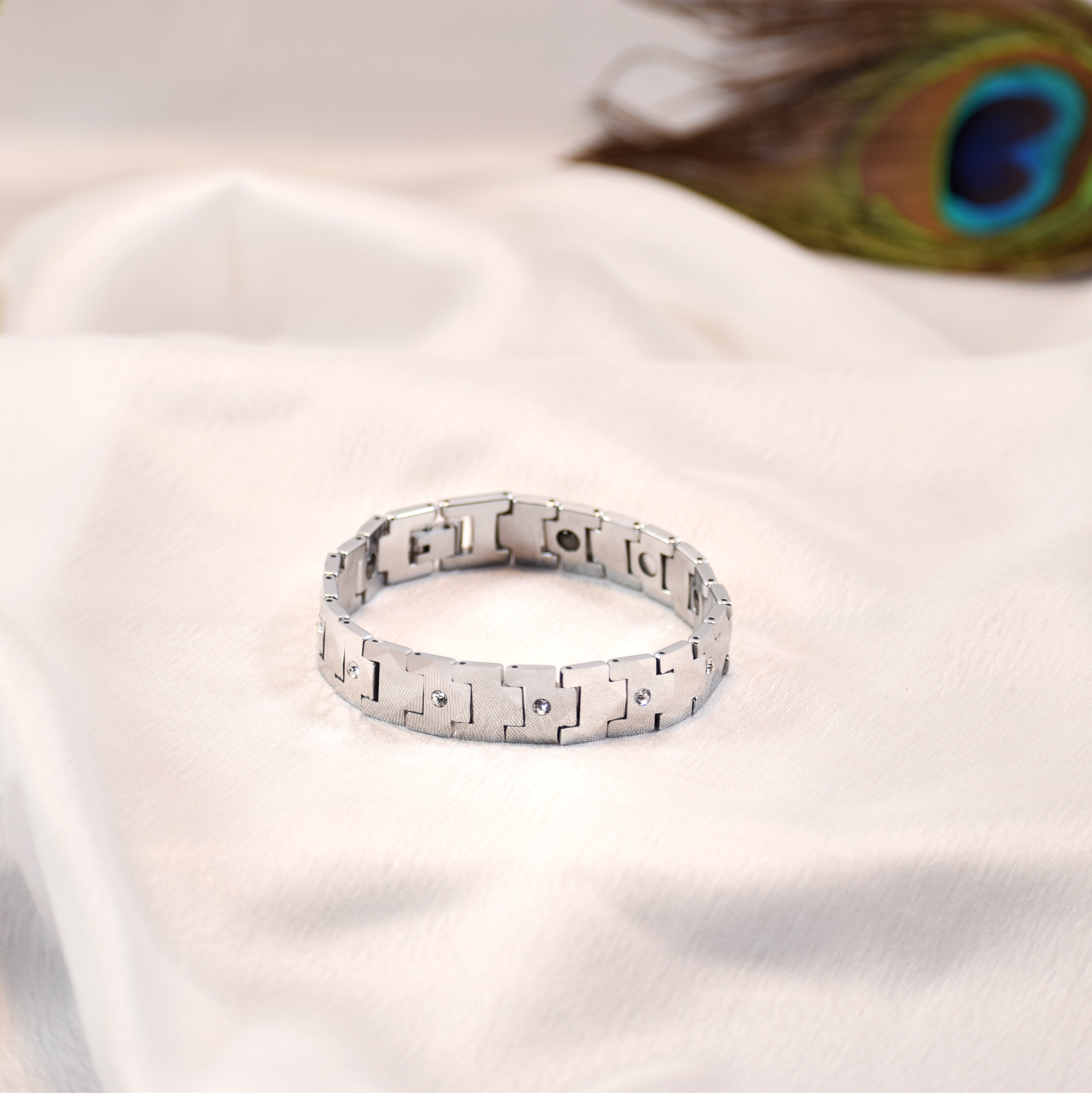 Premium Silver-Plated Stone Embedded Bracelet | Stylish Modern Design | 6–12 Months Shine