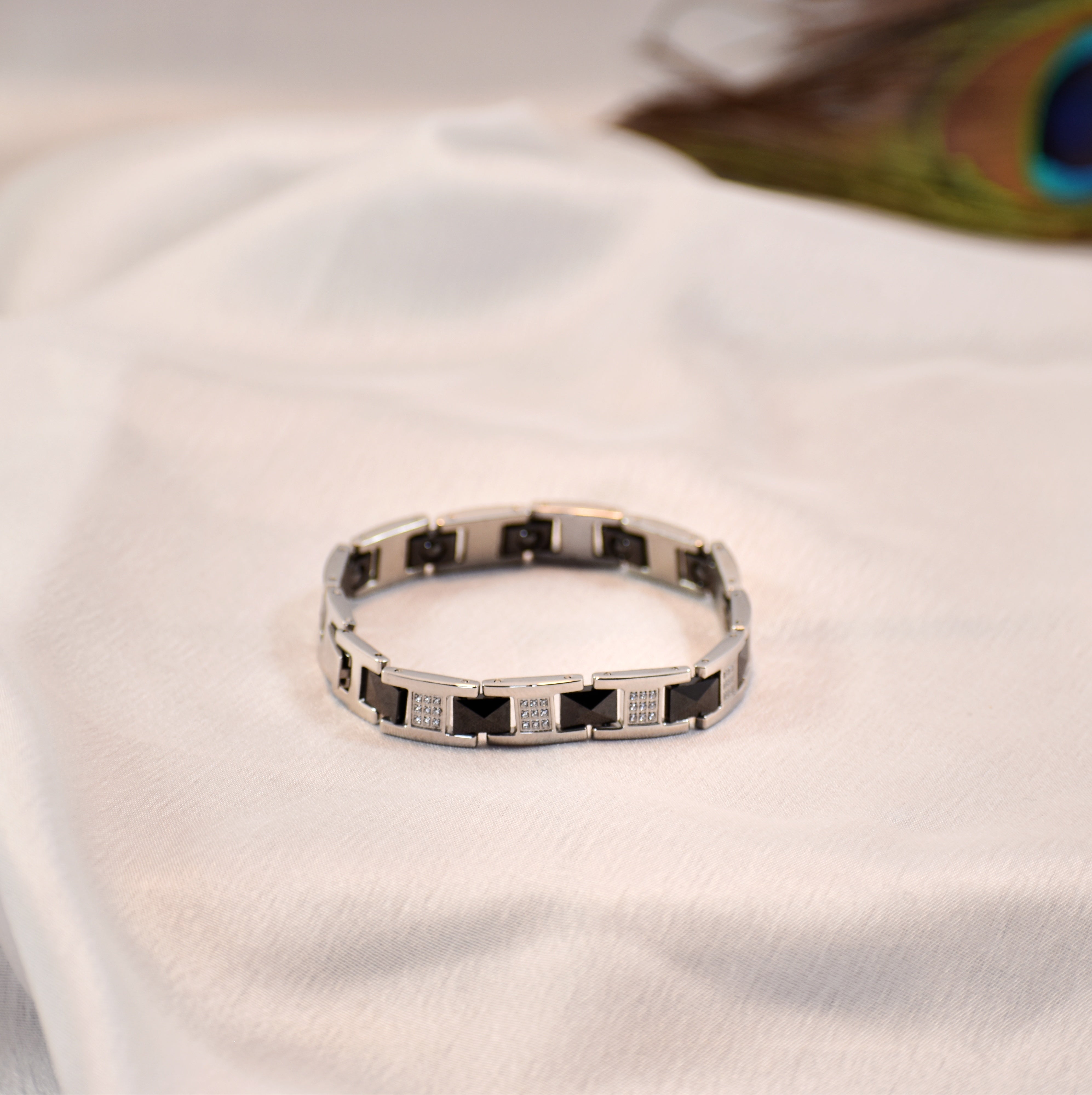 Premium Ceramic & Silver Linked Bracelet | Black + Stone Embedded Design | IGP High Quality | 12 Months Shine