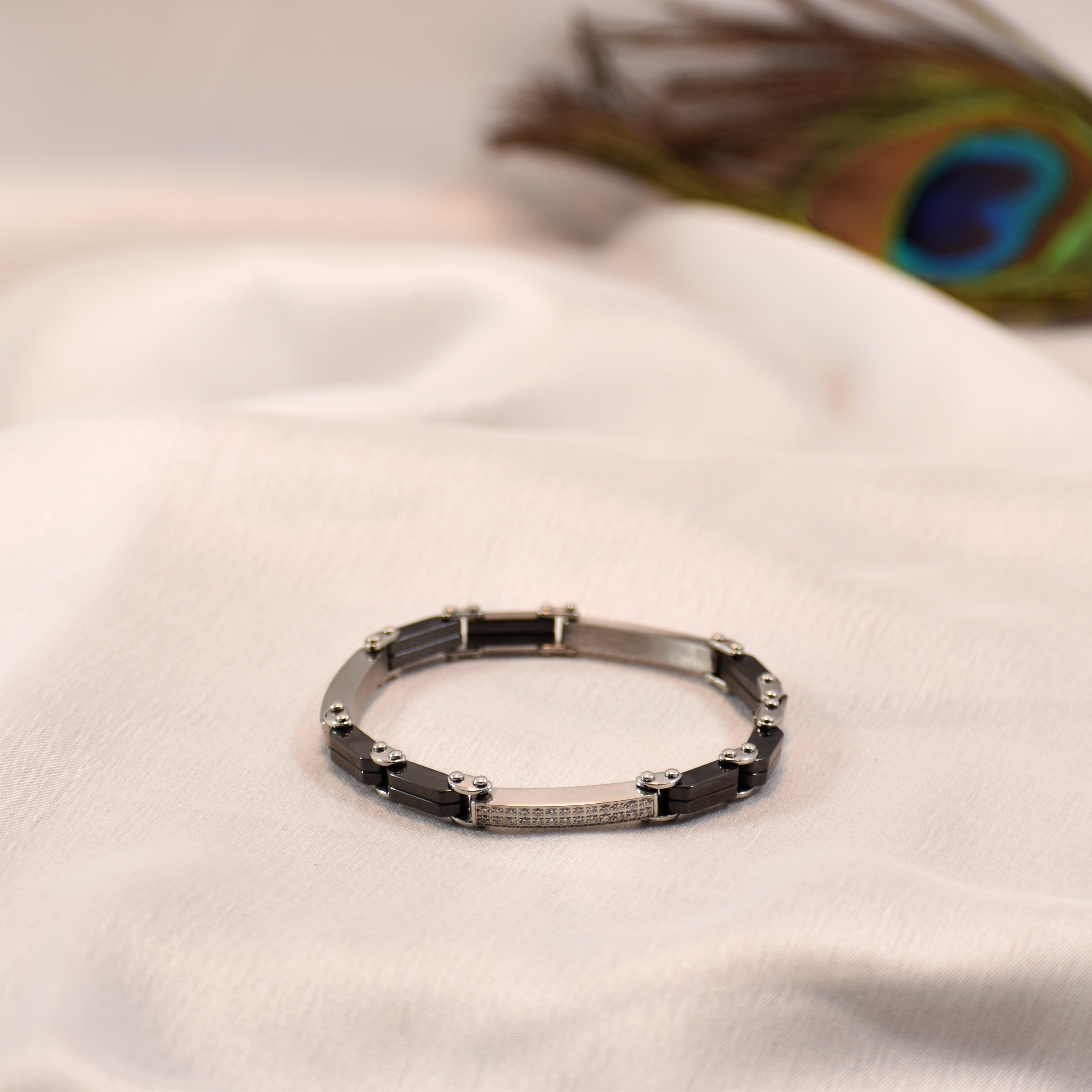 Midnight Spark – Premium Black Ceramic & Silver Bracelet | Stone Accent | Anti Tarnish