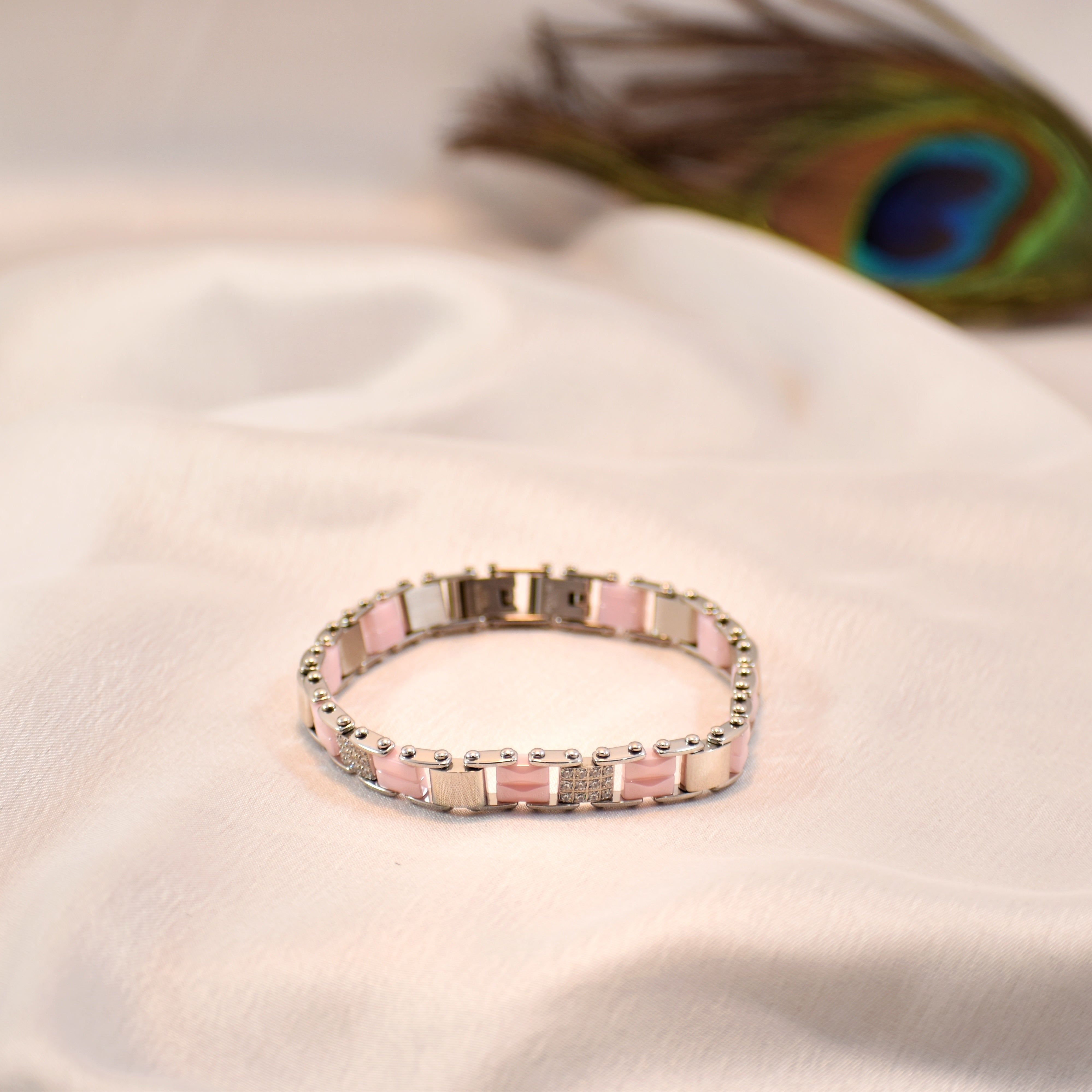Blush Elegance – Premium Pink Ceramic & Silver Bracelet | Stone Accent | Anti Tarnish