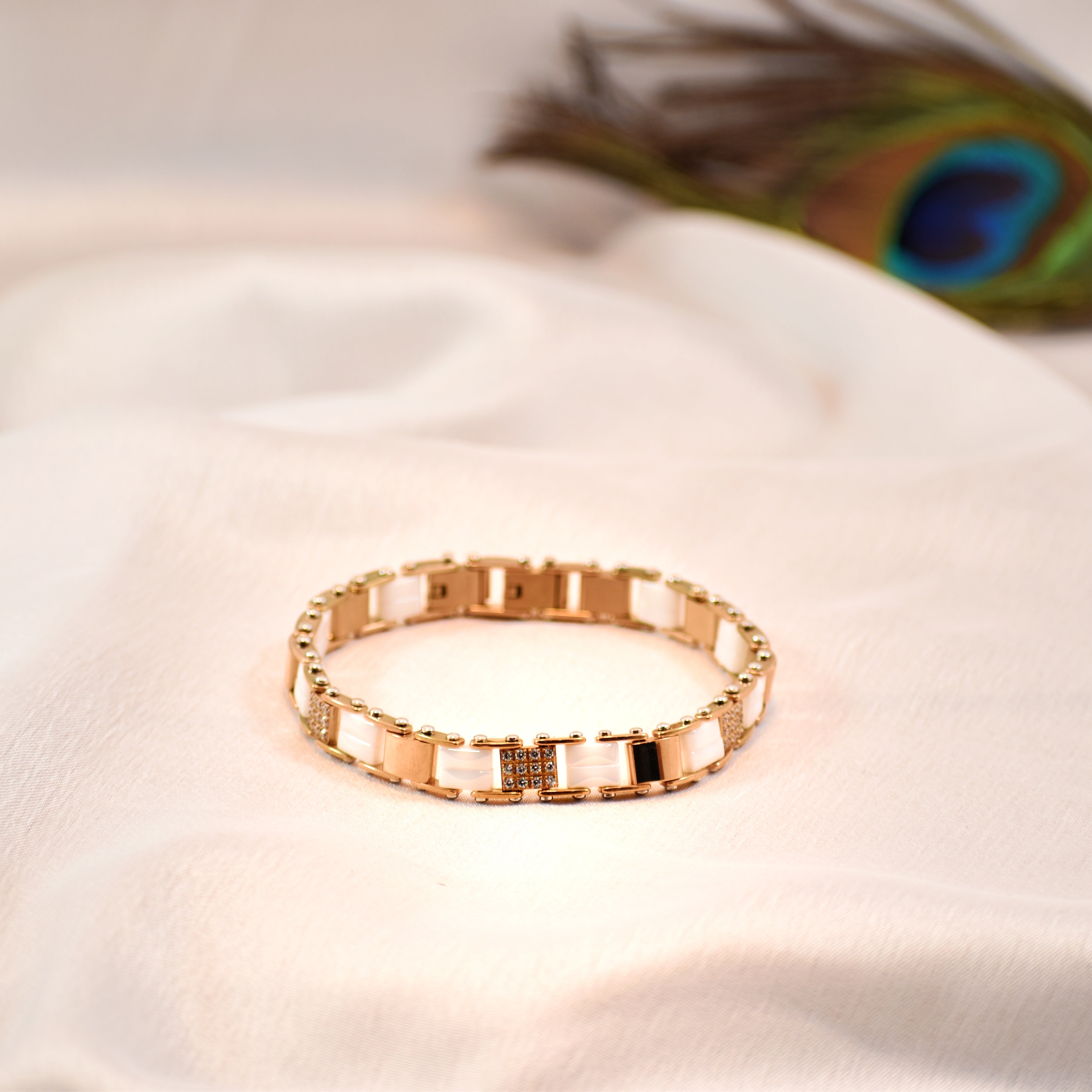 Pearl Rose – White Ceramic & Rose Gold Bracelet | Stone Accent | Anti Tarnish Luxury