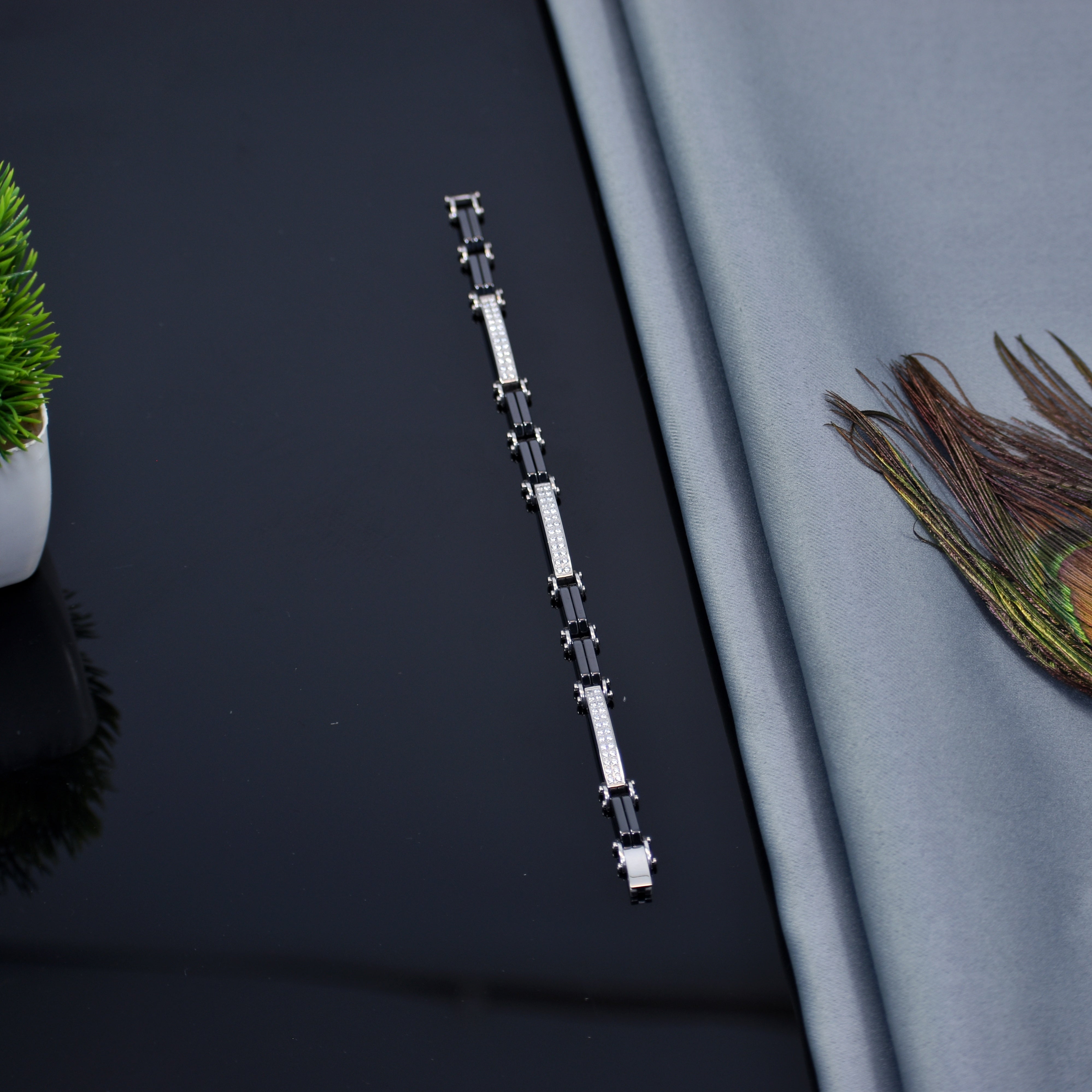 Midnight Spark – Premium Black Ceramic & Silver Bracelet | Stone Accent | Anti Tarnish