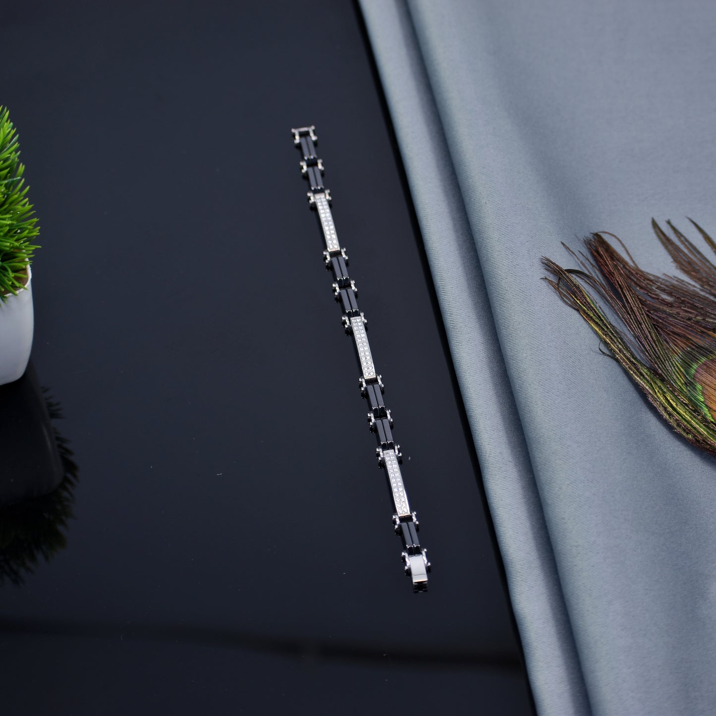 Midnight Spark – Premium Black Ceramic & Silver Bracelet | Stone Accent | Anti Tarnish