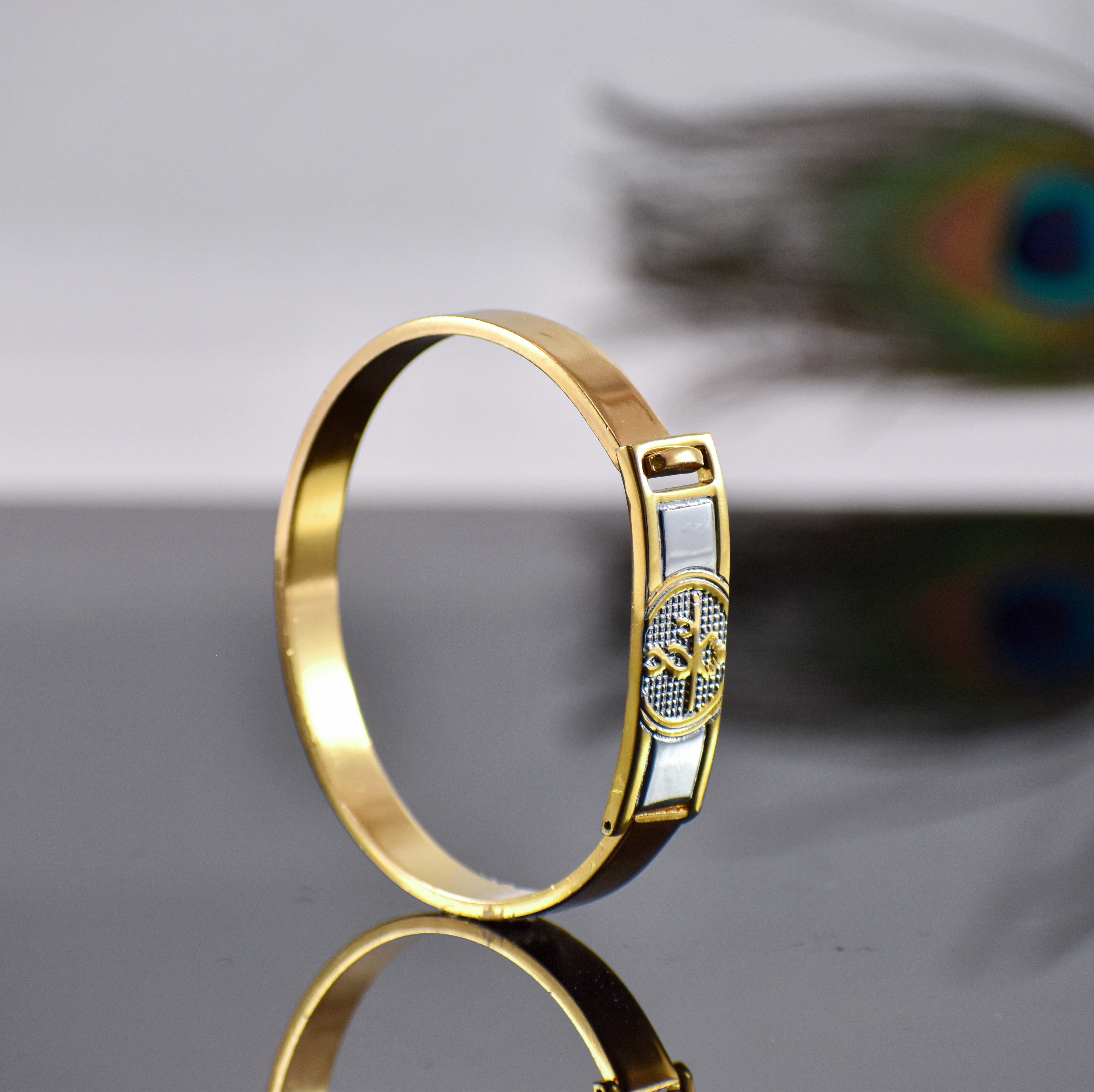 Krishna Flute Kada – Gold-Plated Devotional Bracelet for Men ✅ 12-Month Warranty