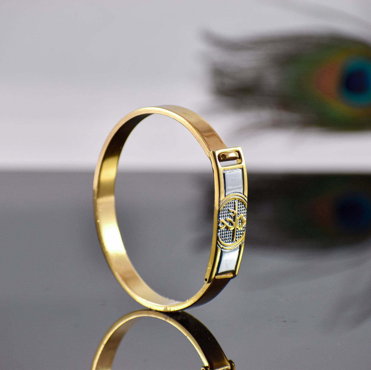 Krishna Flute Kada – Gold-Plated Devotional Bracelet for Men ✅ 12-Month Warranty