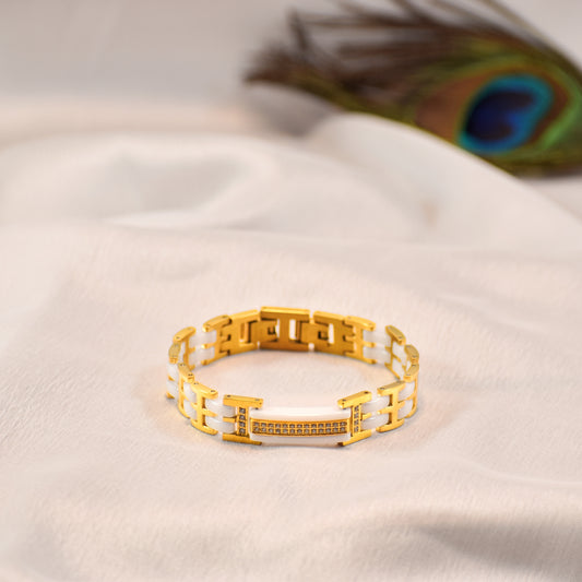 Luxury Golden-White Link Bracelet with Sparkling Stone Detail | Royal Look | Men’s Premium Kada Style