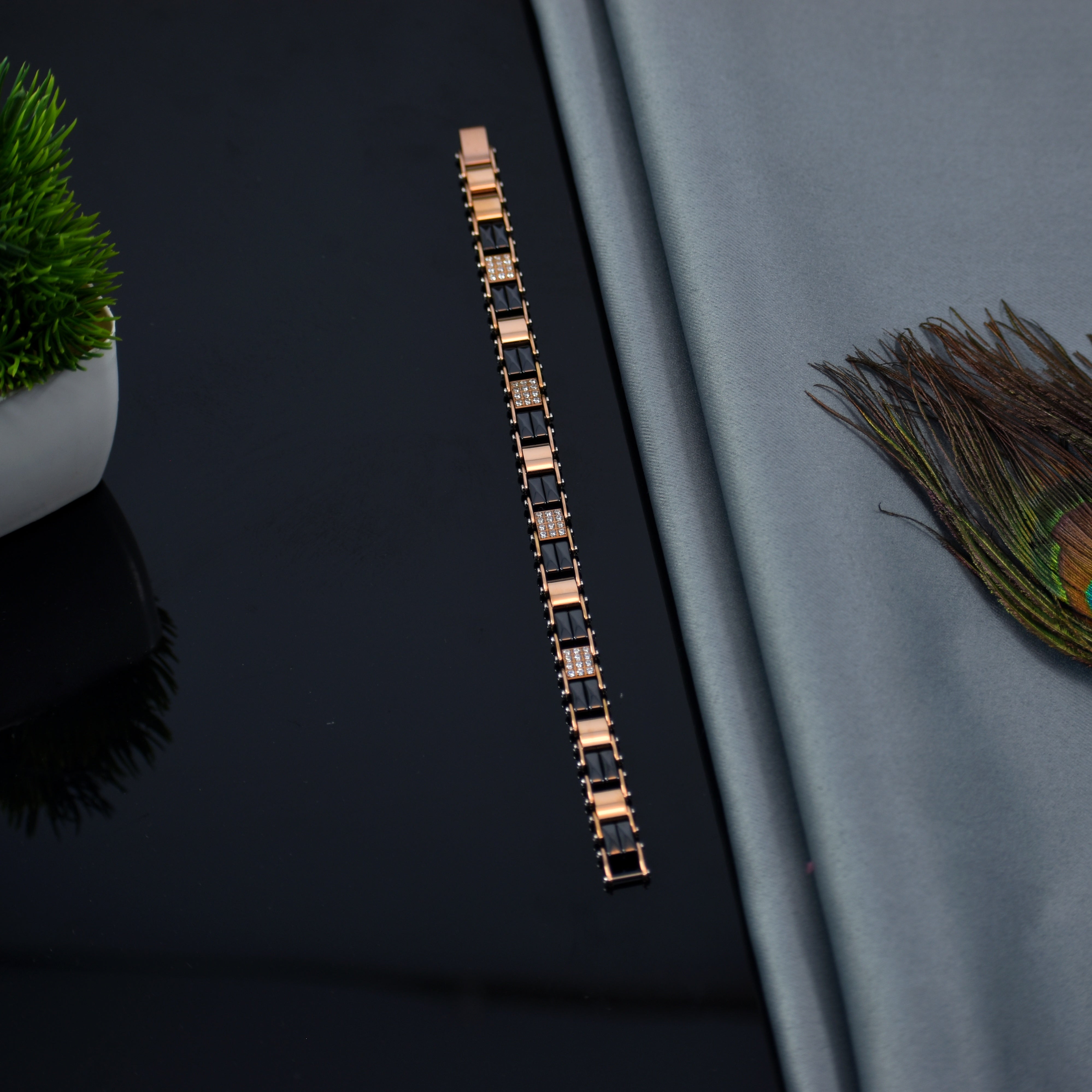 Regal Rose – Luxury Rose Gold & Black Ceramic Bracelet | Sparkling Stone Finish | Anti Tarnish