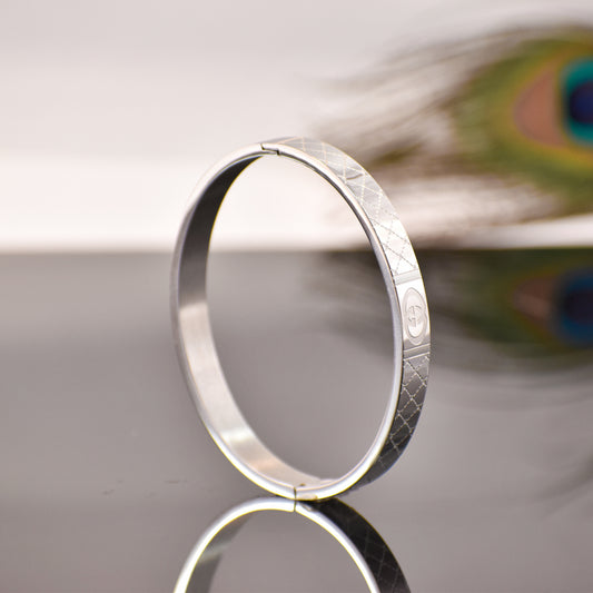 Silver Luxury Designer Kada | Stainless Steel Engraved Bangle | Unisex Wear | Premium Finish